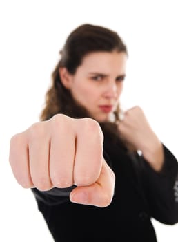 business woman on white getting into a fight