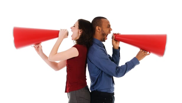 two business people on isolated white with red megaphones