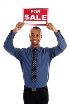 business man holding a red sign on white