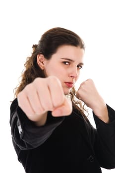 business woman on white getting into a fight