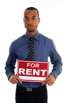 business man holding a red sign on white