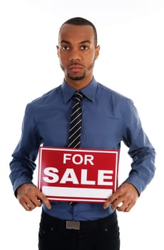business man holding a red sign on white