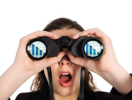 business person looking into binoculars to bankruptcy