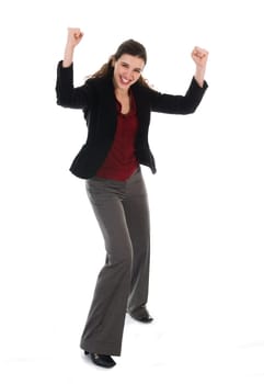 happy dancing business woman on a white background