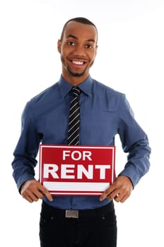 business man holding a red sign on white