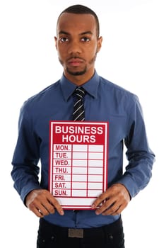business man holding a red sign on white