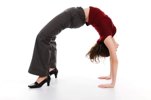 business woman arching her back on white