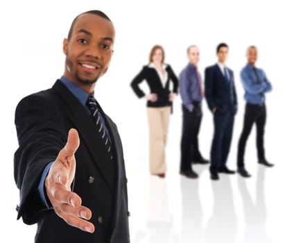 business man giving a hand shake on white