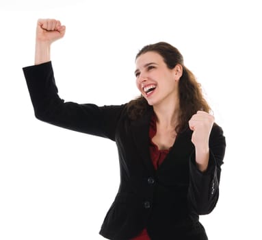 happy dancing business woman on a white background