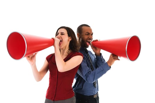 two business people on isolated white with red megaphones