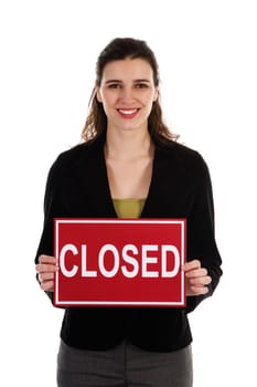 Business woman holding a red sign on white