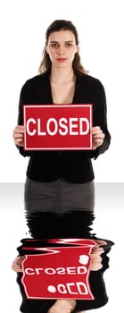 Business woman holding a red sign on white