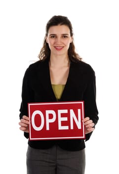 Business woman holding a red sign on white