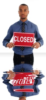 business man holding a red sign on white