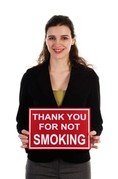 Business woman holding a red sign on white