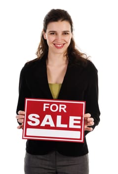 Business woman holding a red sign on white