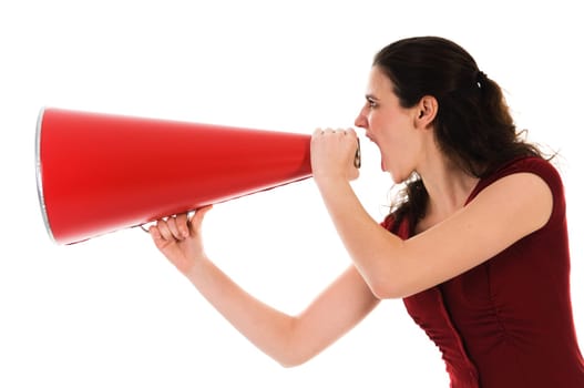 business woman with a red megaphone on white