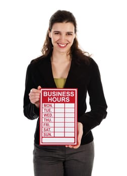 Business woman holding a red sign on white