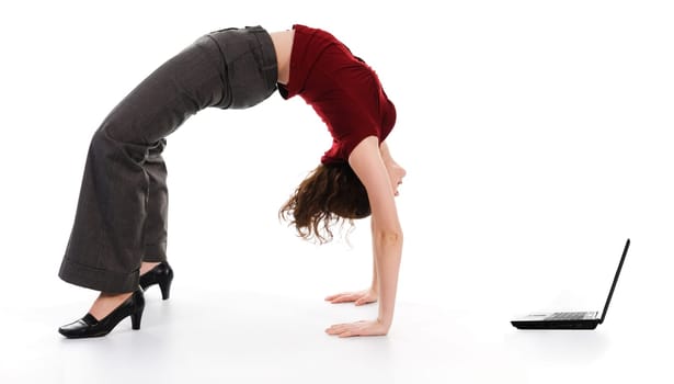 business woman arching her back on white