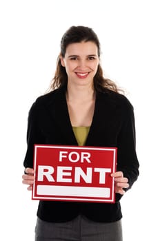 Business woman holding a red sign on white