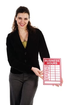 Business woman holding a red sign on white