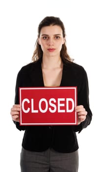 Business woman holding a red sign on white