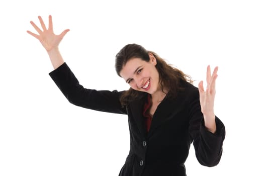 happy dancing business woman on a white background