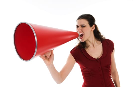 business woman with a red megaphone on white