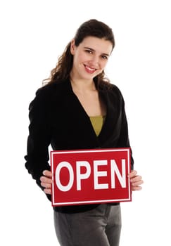 Business woman holding a red sign on white