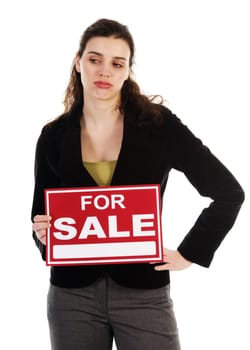 Business woman holding a red sign on white