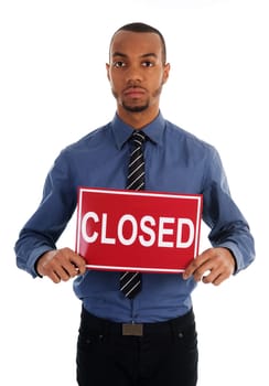 business man holding a red sign on white