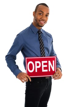 business man holding a red sign on white
