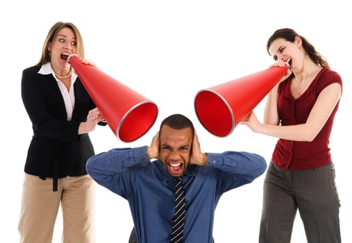 business people with megaphone harrassing colleague