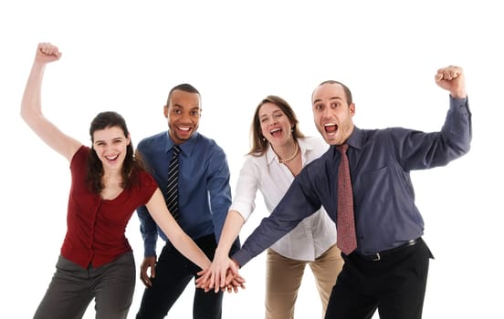 business people holding hands on a white background