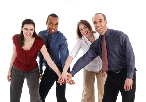 business people holding hands on a white background
