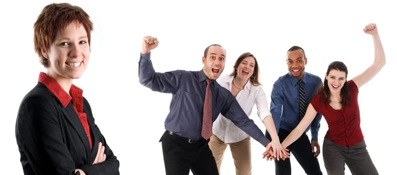 business people holding hands on a white background