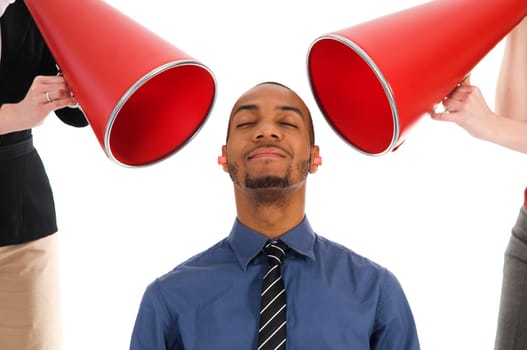 business people with megaphone harrassing colleague