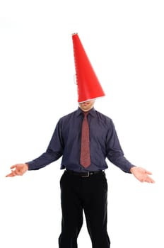businessman with a red cone megaphone on head