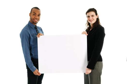 business people holding a white piece of cardboard