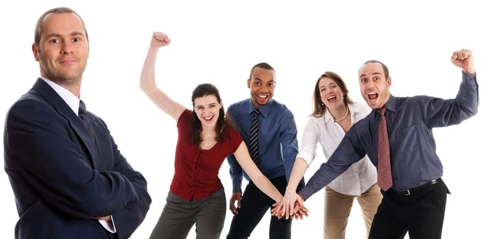 business people holding hands on a white background
