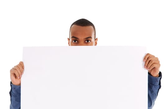business person holding a white piece of cardboard