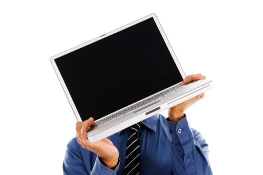 business person holding a laptop on white