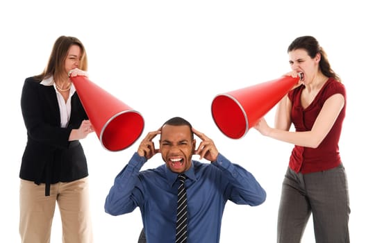 business people with megaphone harrassing colleague