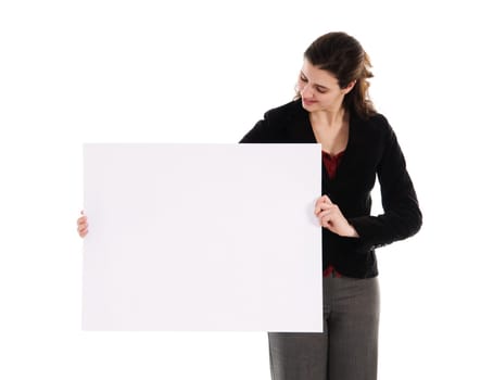 business person holding a white piece of cardboard