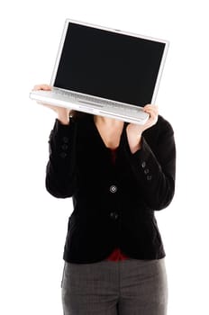 business person holding a laptop on white