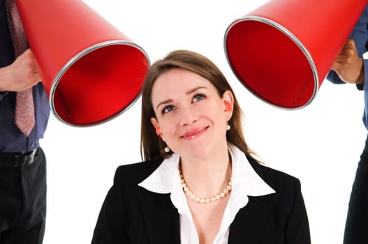 business people with megaphone harrassing colleague