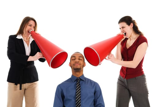 business people with megaphone harrassing colleague