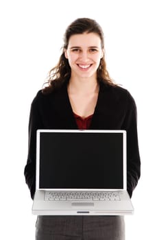business person holding a laptop on white
