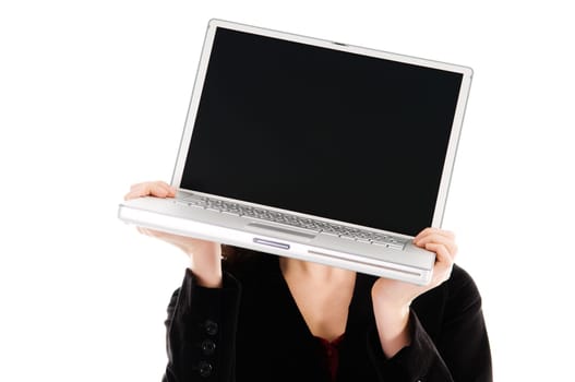 business person holding a laptop on white
