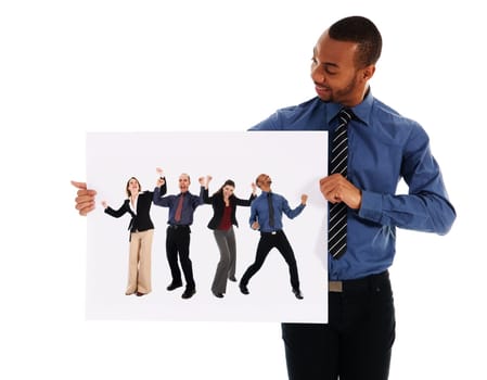 business person holding a white piece of cardboard